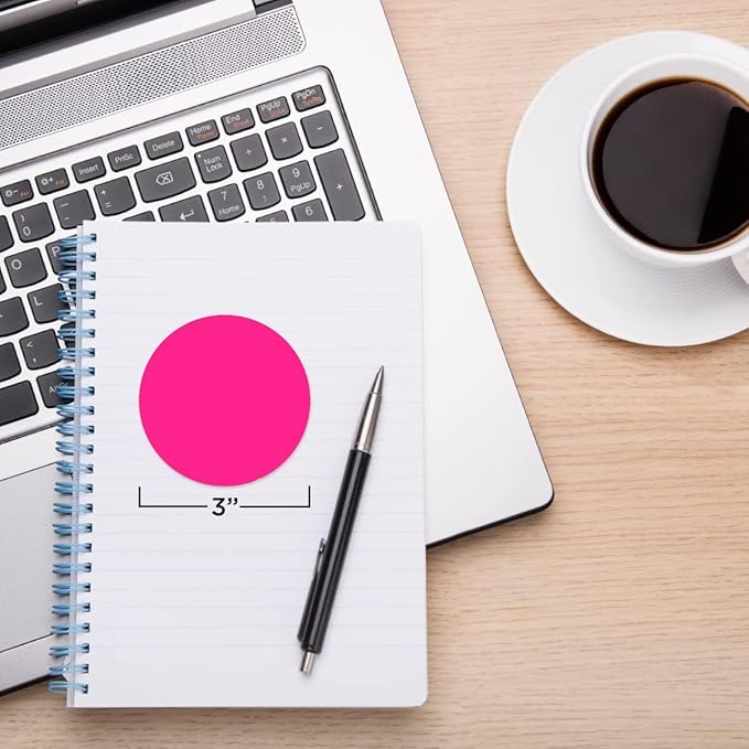 ChromaLabel 3 Inch Circle Sticker Labels, High Visibility Round Colored Stickers, Permanent Stickers - 500 Sticky Dots per Roll, Fluorescent Pink Label Stickers