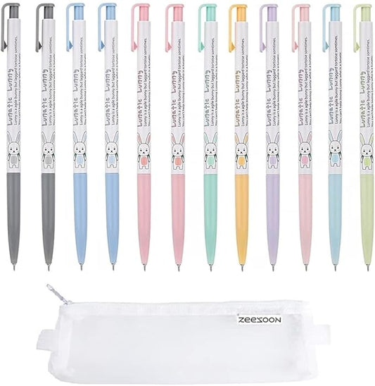 ZEESOON Xeno Lunatic Lunny 0.38mm Slim Ball Point Pen 12 Pens, Extra Fine Point Colored Ballpoint Pen, Made in Korea (Assorted 12pcs with Pencil Case)