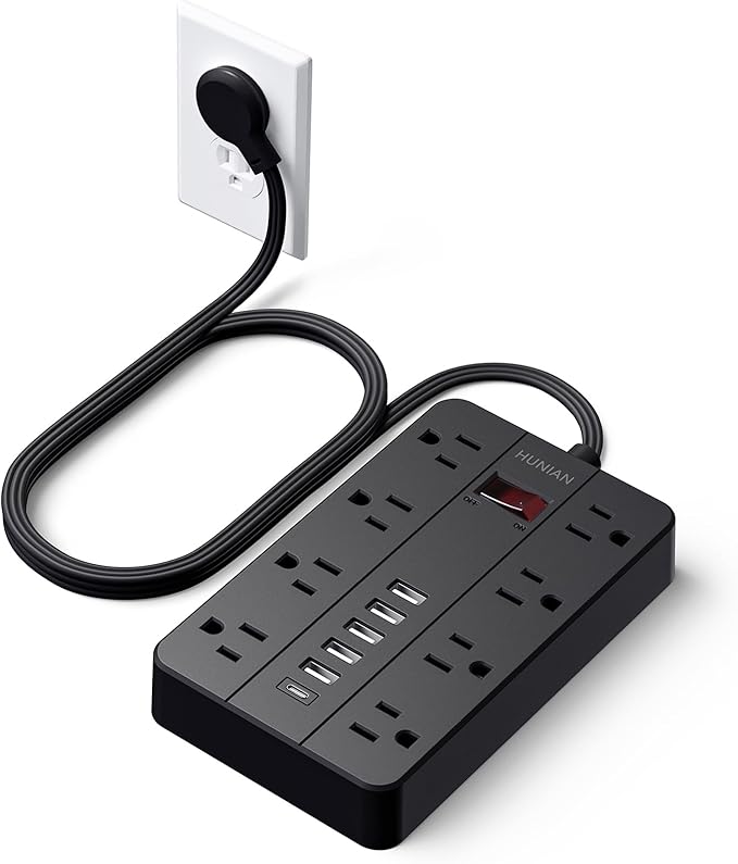 Power Strip with USB Ports, HUNIAN 5 Ft Extension Cord Flat Plug with 8 Outlets, 6 USB Charger(1 USB C Port), Indoor Desk Charging Station Surge Protector for Home and Office Accessories, Black