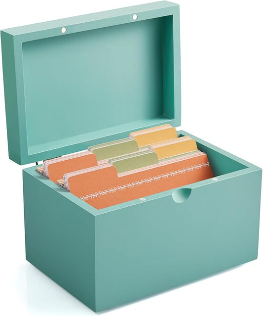 DRASTAR Index Card Holder, 3x5 Index Card Box, Wooden Index Card Organizer with 45 Index Card Dividers, Flashcard Notecard Holders for Home Office, Teal