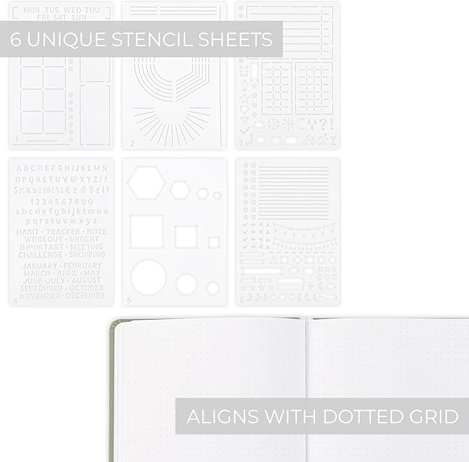 ZICOTO Ultimate All-in-One Journaling Kit - Incl. Journal Notebook With Linen Hardcover and Dotted Pages, Stencils, Stickers, Washi Tapes, Paper Clips and More Bullet Checklist Supplies