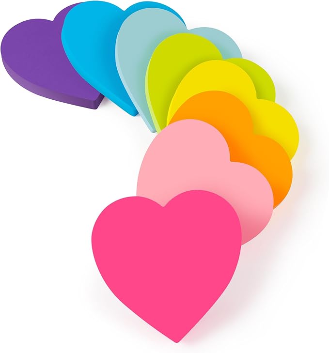 Heart Sticky Notes 3x3 in, 8 Pads, Super Cute Bright Color Strong Adhesive Post, Clean Removal, 82 Sheets/pad