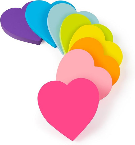 Heart Sticky Notes 3x3 in, 8 Pads, Super Cute Bright Color Strong Adhesive Post, Clean Removal, 82 Sheets/pad