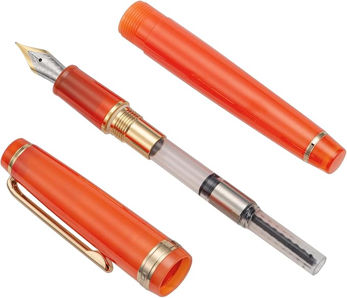 Jinhao 82 Acrylic Fountain Pen, Iridium Fine Nib with Ink Converter, Transparent Light Red Classic Design Smooth Writing Pen (Gold Trim)
