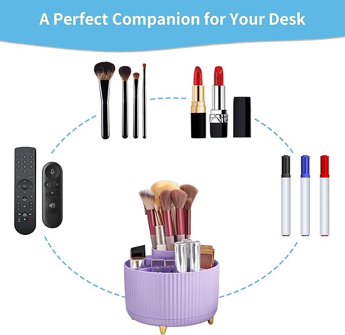 Marbrasse Desk Organizer, 360-Degree Rotating Pen Holder for Desk, Desk Organizers and Accessories with 5 Compartments Pencil Organizer, Art Supply Storage Box Caddy for Office, Home（Purple）