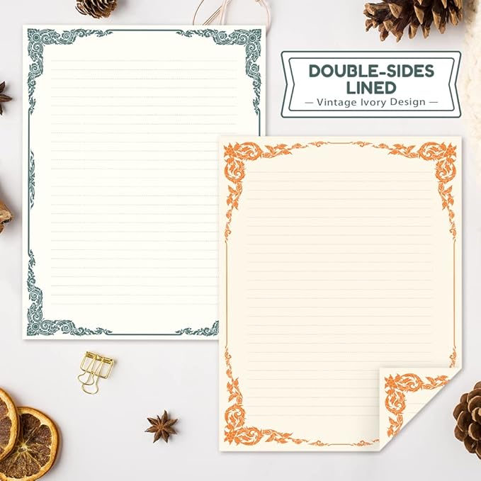 Anzon Mories 96 Piece Stationary Set (64 Sheet Paper and 32 Envelope) Both Side Line Vintage Ivory Lace pattern 2 Color Navy Orange Gold border Stationery Letter Writing Paper 8.5 x 11 In College Rule