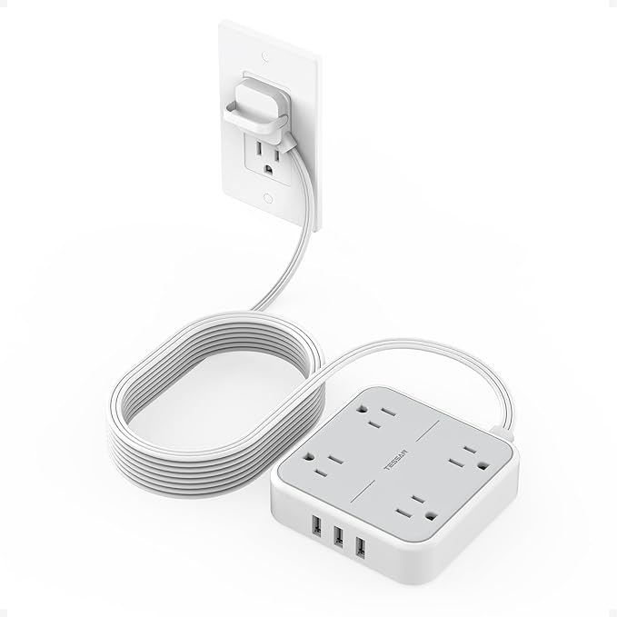 TESSAN 15 FT Extension Cord with USB, Surge Protector Power Strip with 4 Outlets 3 USB A Ports, Multiple 3 Prong Flat Plug, Mountable Desk Charging Station for Office, Home, Dorm Essentials
