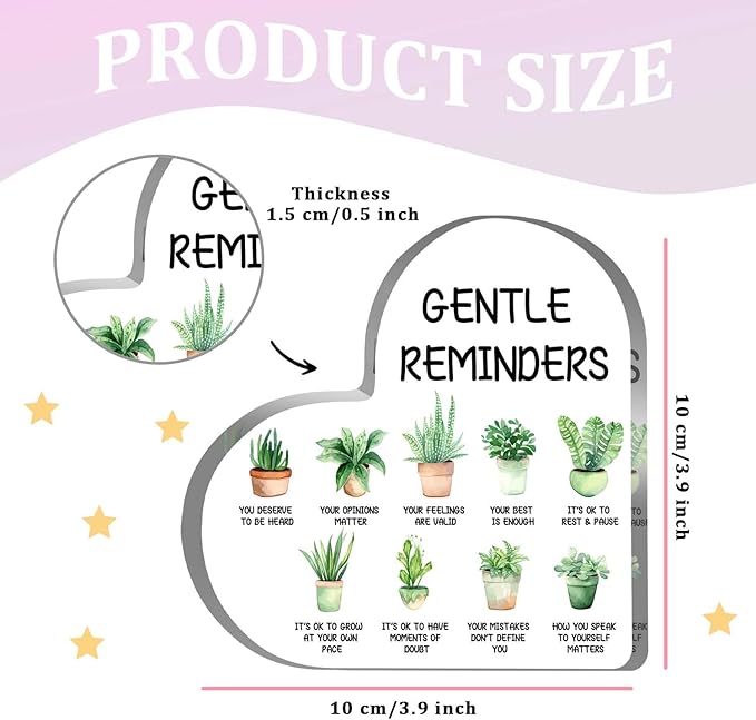Gentle Reminders Decor, Positive Affirmations Desktop Art Decorations for Home Therapy Office School Counselling Office Mental Health Awareness Gifts, Positive Affirmations Heart Acrylic Decor