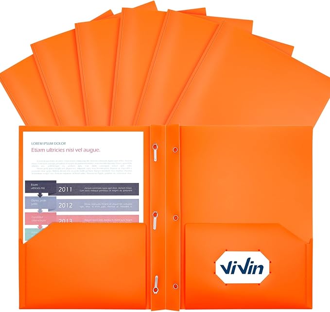 ViVin 12-Pack Sturdy Plastic Folders with Pockets and Prongs, 2 Pocket Folder with 3 Prongs, fits 8.5 * 11 Letter Size Paper, for School, Office and Home (Orange)