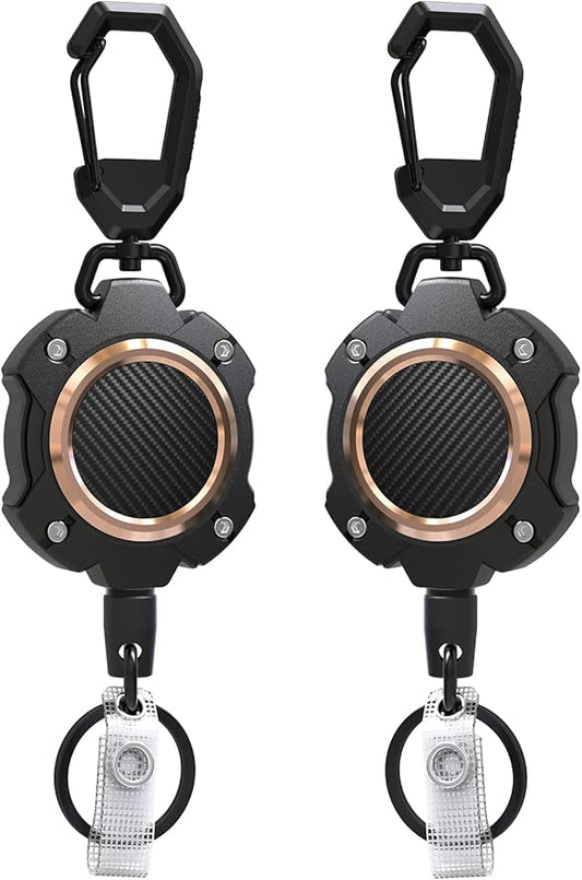 LIUGX 2 Pack Retractable Keychain, Heavy Duty Carabiner Key Chains, 10,000+ Rebound, Impact Resistance ID Badge Reels with 31.5” Wire Rope and Key Ring, Up to 8oz, Aluminum Ring, Carbon Fiber-Texture