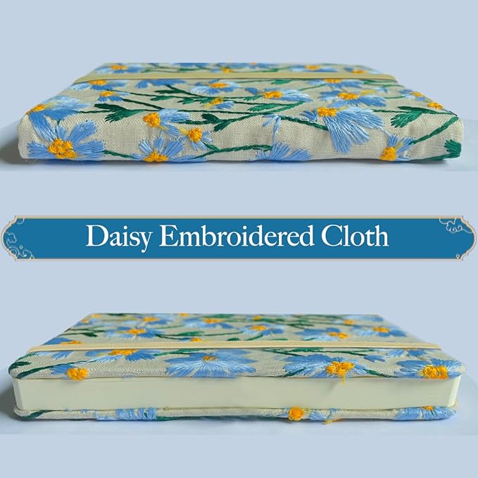 Pocket Notebook, Small Sketchbook, A6 Journal, 4x6, Daisy Gifts for Women, Floral Notebook, Embroidery Journal, Blank Paper, Hardcover, Lay Flat, Elastic Band, Diary for Girls, Blue Daisy