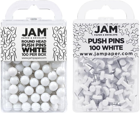 JAM PAPER Colorful Push Pins - Flat & Round Head Thumb Tack Combo Set - White Pushpins - 200/Pack