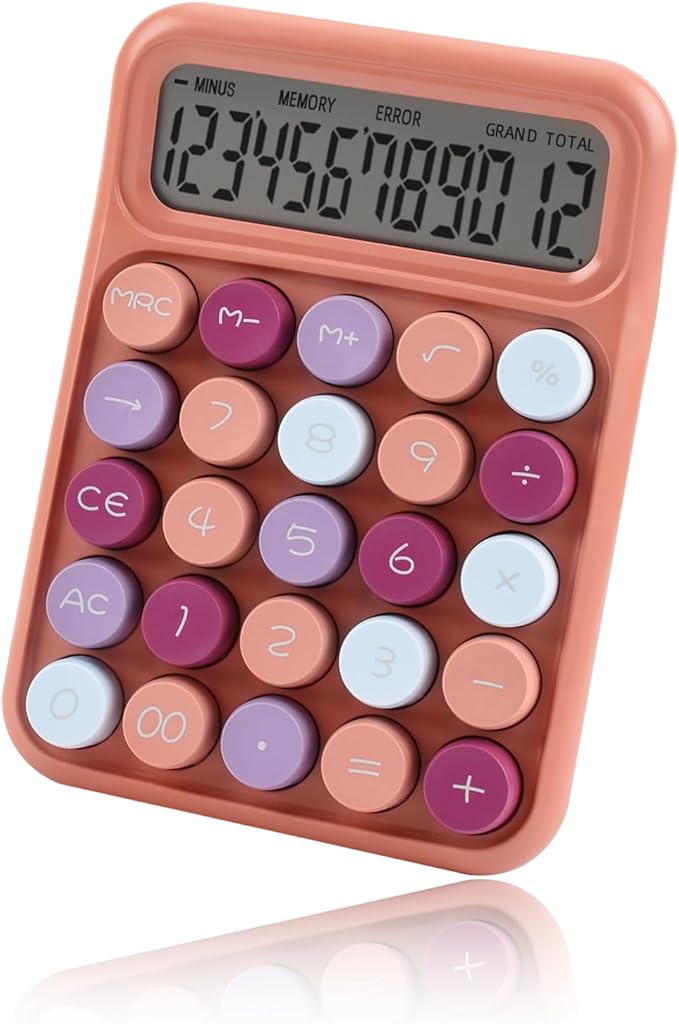 Desktop Mechanical Calculator, 12-Digit Large LCD Display Basic Standard Calculators with Cute Big Buttons, Office Accessories, School Supplies (Coffee)