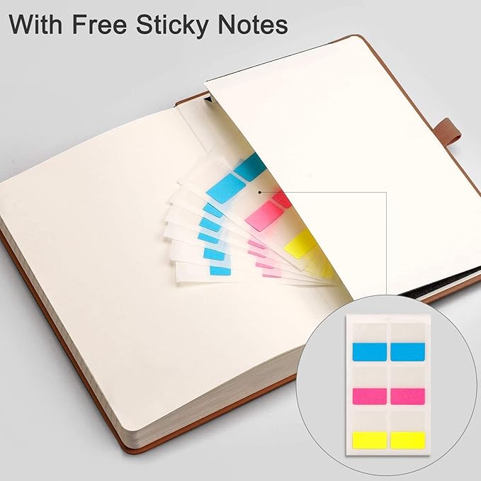 EMSHOI Lined Journaling Notebooks - 120gsm Thick Leather Journal with Sticky Notes, 256 Numbered Pages A5 Hardcover College Ruled Notebook for Women Men Work School Writing, 5.75" x 8.38"-Brown