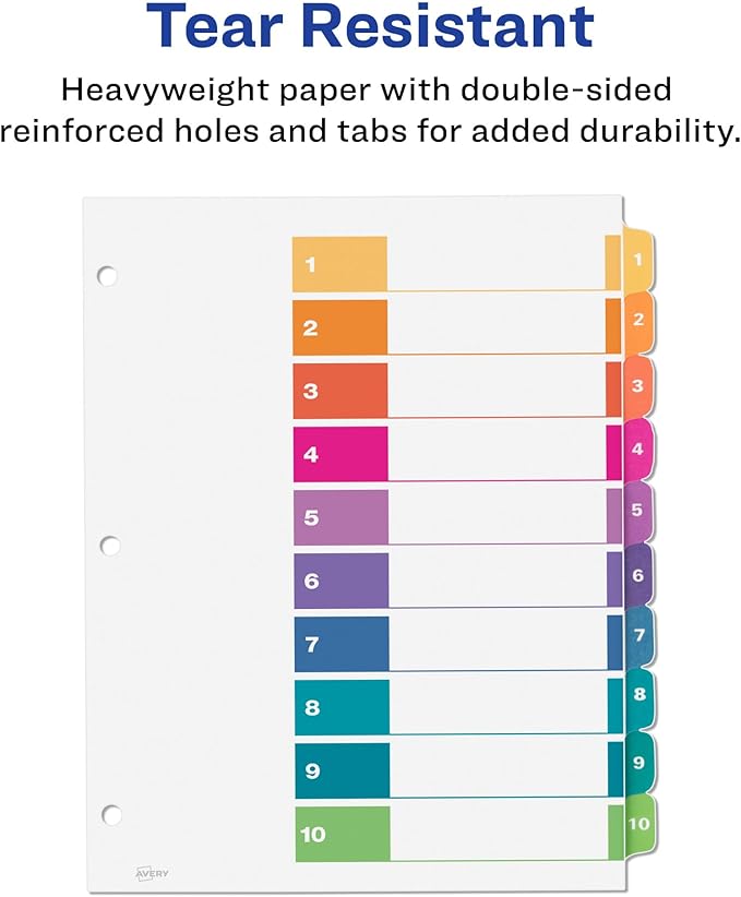 Avery 10 Tab Dividers for 3 Ring Binders, Customizable Table of Contents, Multicolor Tabs, 6 Sets (11188)