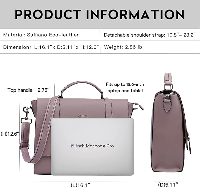EaseGave Women's 15.6 Inch Laptop Briefcase, Vintage Purple Saffiano Eco-Leather, 4 Large Compartments, 2 Slip Pockets, 1 Zip-Fastening Pocket