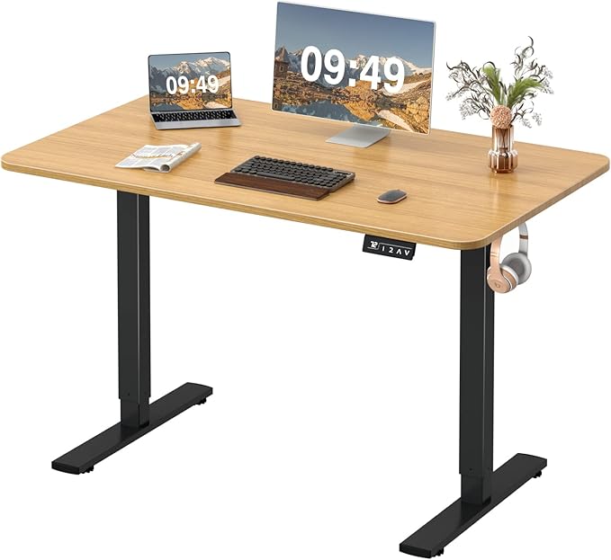 Furmax Electric Height Adjustable Standing Desk Large 48 x 24 Inches Sit Stand up Desk Home Office Computer Desk Memory Preset with T-Shaped Metal Bracket, Maple