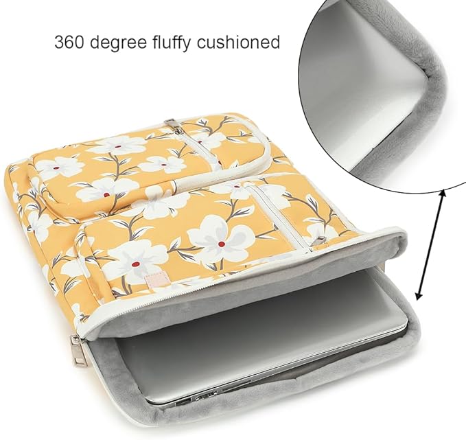 canvaslife 360° Protective Laptop Sleeve Case Bag with 4 Pockets for MacBook Pro 16 inch and 15 inch-15.6 inch Laptop (Yellow flower)