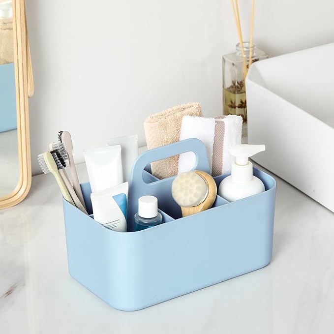 Multiuse Caddy Organizer with Handle - Stackable Plastic Tote Bin - Art Craft Supplies, Office, Desk, Stationery Pen Holder, Kitchen, Utensil, Makeup, Bathroom, Shower, Cleaning, Dorm Organizer - Blue