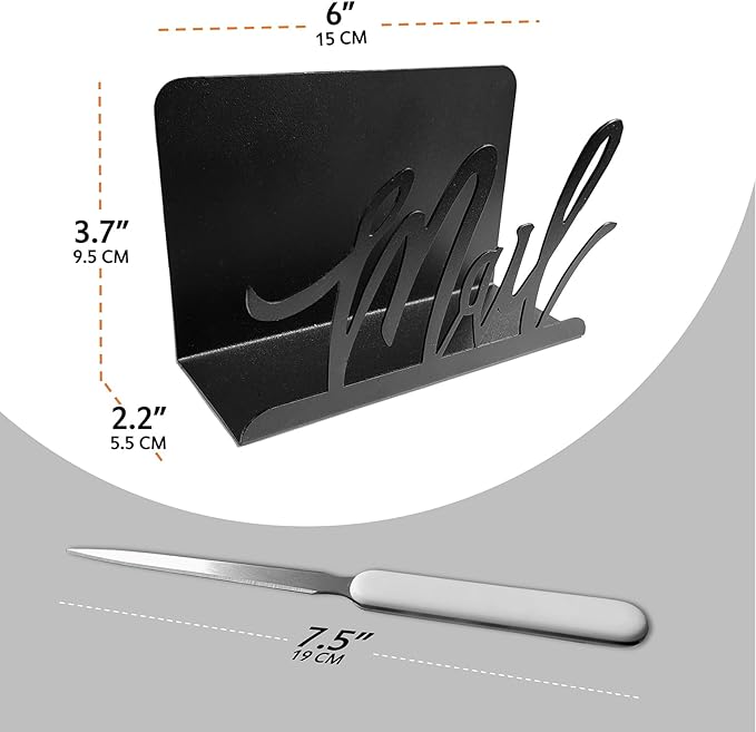 Black Metal Mail Holder, Countertop Letter Organizer with Letter Opener, Office Desktop Envelope Rack, Tabletop Document Stand (Art)