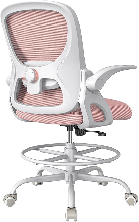 Drafting Chair Tall Office Chair with Flip-up Armrests Ergonomic Computer Standing Desk Chair with Comfy Lumbar Support and Adjustable Footrest Ring for Bar Height Desk(White-Pink)