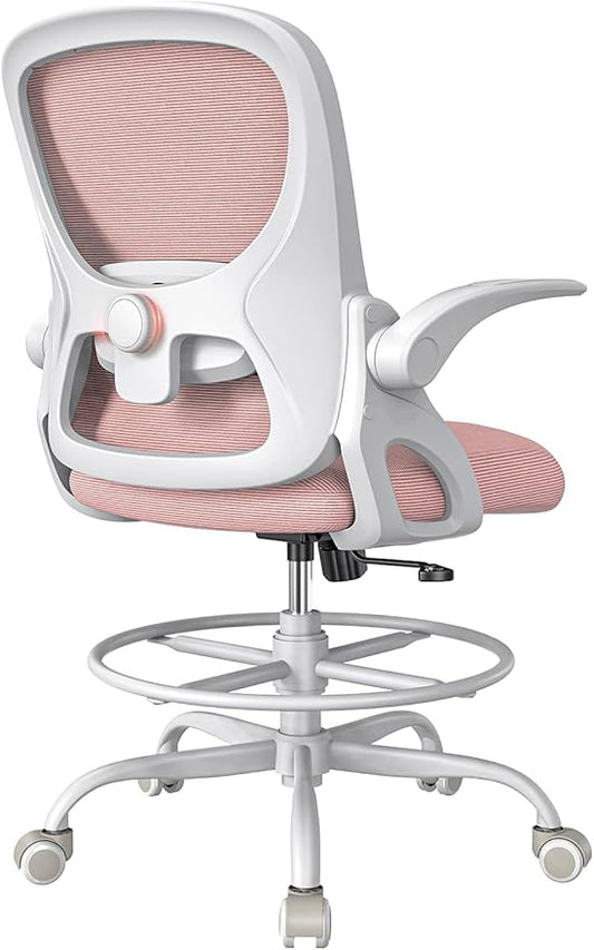 Drafting Chair Tall Office Chair with Flip-up Armrests Ergonomic Computer Standing Desk Chair with Comfy Lumbar Support and Adjustable Footrest Ring for Bar Height Desk(White-Pink)