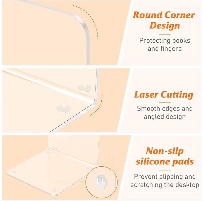 Acrylic Bookends 4 Pcs, Clear Book Ends for Shelves, Transparent Bookend Organizer, Book Holder Stand Decorative, Book Stoppers for Heavy Duty Books, CD, File, Video Games