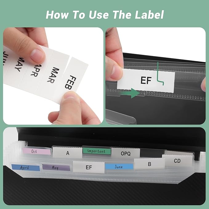 Expanding File Folder A4,13 Pockets File Organiser with Colored Tags, Paperwork A4 Plastic Wallet Document Storage Expander for School,Office and Home, Black