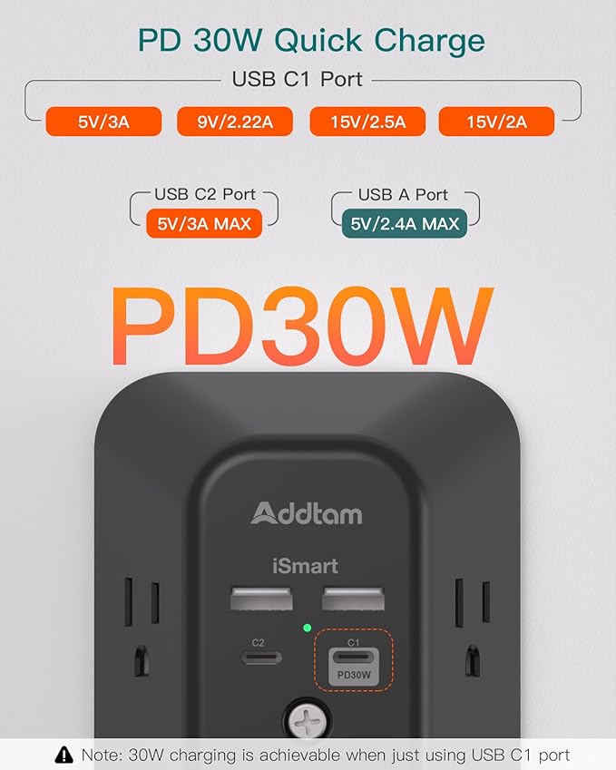 Outlet Extender Surge Protector - Addtam 5-Outlet Splitter with 4 USB Wall Charger(PD 30W), Multi Plug Wall Outlet Power Strip for Home, Black
