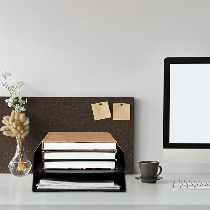 Wenqik 2 Pcs Stackable Paper Trays Rectangular Plastic Desk Tray Holder Desktop Document File Paper Organizer Plastic Storage Letter Tray for Office Classroom, Black