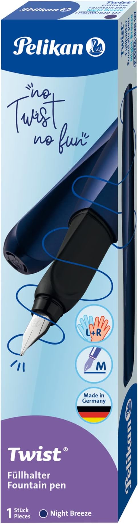 Pelikan Twist Fountain Pen with 1 Ink Cartridge, Medium Nib, Night Breeze, Boxed (820127)