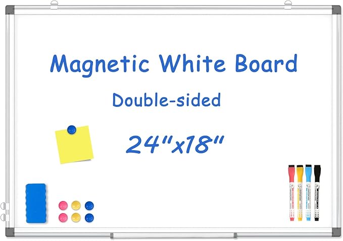 WALGLASS Double-Sided White Board, 24" x 18" Dry Erase Board Magnetic Whiteboard for Wall, Hanging Mounted Whiteboard Silver Aluminium Frame for Home, School, Office, Kitchen