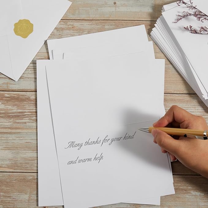 50 Pack White A7 Envelopes with Cards 5x7 Thick Folded Cardstock and Gold Stickers for Greeting Cards, Wedding, Birthday, Invitations, Baby Showers (White, 5x7)