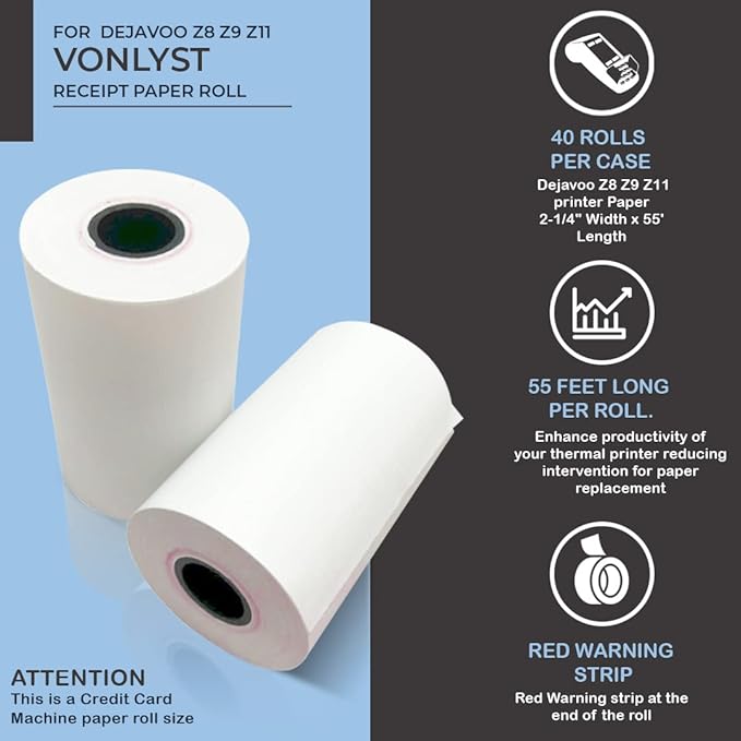 Credit Card Machine Paper Roll for Dejavoo Z8 Z9 Z11 (40 rolls)