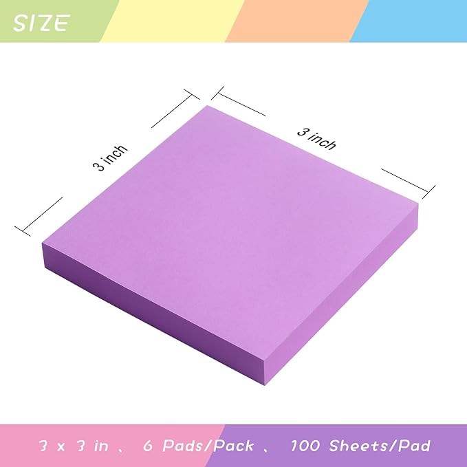 Sticky Notes 3x3 Self-Stick Notes Pads with 6 Bright Colors, Easy to Post for Office, Shool, Home, 6 Pads/Pack, 100 Sheets/Pad (Purple)