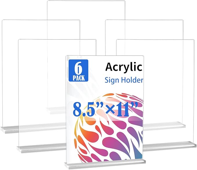 6 Pack Acrylic Sign Holder 8.5 X 11, Vertical T Shape Clear Plastic Sign Holder, Double Sided Clear Display Stand Table Top Sign Paper Holder, Sign Holder Suitable for Office, Store, Restaurant