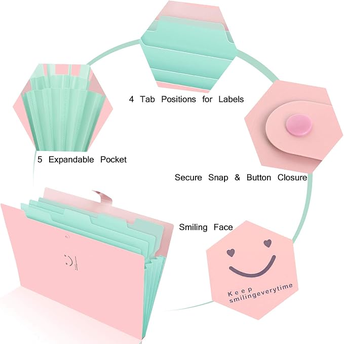 SKYDUE Expanding File Folder 5 Pockets, Skydue Letter A4 Paper Accordion Document Organizer (Pink)