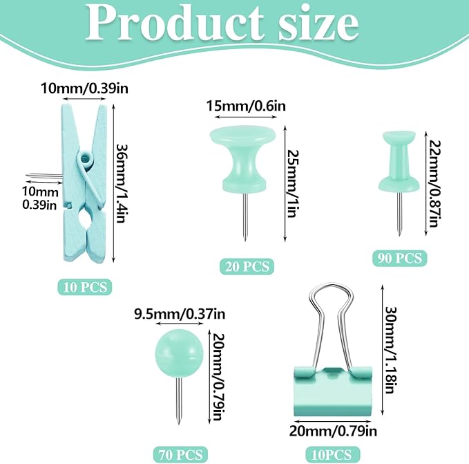 BESARME 200 Pieces Push Pins Set, 5 Types Green Thumb Tacks Cute Decorative Push Pins for Wall Cork Board Bulletin Boards with Storage Box