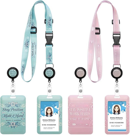 2 Pack Inspirational Lanyards Badge Holder, Adjustable Lanyard with Retractable Badge Reel, Motivational ID Badge Holder for Teachers, Nurses, Students, Office Staff & Cruise Essentials