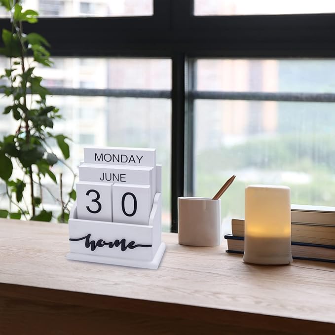 Notakia Perpetual Calendar Wooden Calendar Blocks Vintage Wood Block Calendar for Home Office Desk Accessories Week Month Date Display (White Home Calendar)
