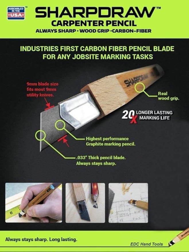Sharpdraw Mechanical Carpenter Pencil - Carbon Fiber Lead for Razor Sharp Lines - 2 Pack