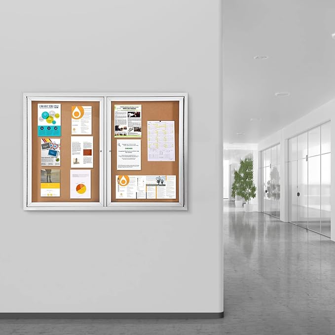 SWANCROWN Weather Resistant Enclosed Bulletin Board Cork Displays Boards Wall Mounted Notice Case with 2 Locking Door