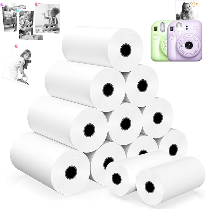 Thermal Paper,𝟏𝟐 𝐑𝐨𝐥𝐥𝐬 Kids Instant Camera Refill Print Paper, Atnadov HD Thermal Paper for Most Kids Instant Camera (White-12 Rolls)