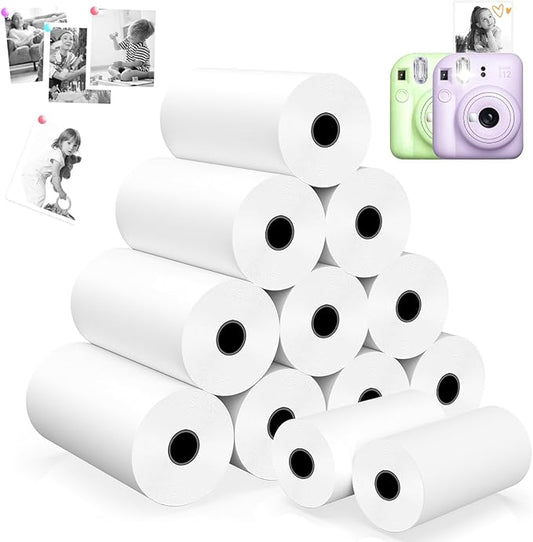 Thermal Paper,𝟏𝟐 𝐑𝐨𝐥𝐥𝐬 Kids Instant Camera Refill Print Paper, Atnadov HD Thermal Paper for Most Kids Instant Camera (White-12 Rolls)