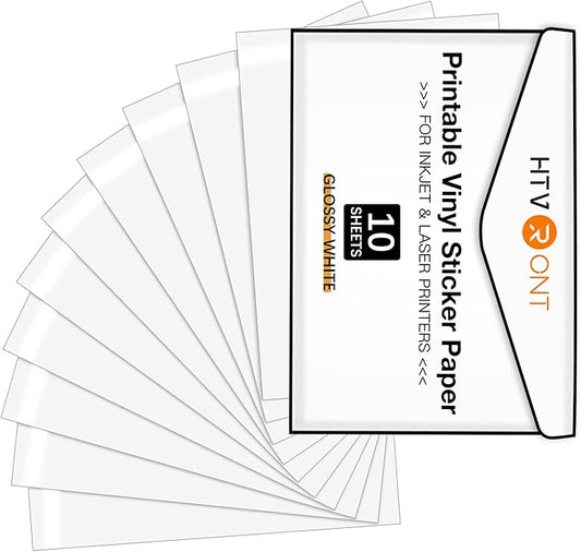 HTVRONT Printable Vinyl for Inkjet & Laser Printer - 10 Sheets 100 g Glossy White Printable Vinyl Sticker Paper Vivid Color Dries Quickly, 8.5"x11" Tear Resistant Printer Sticker Paper