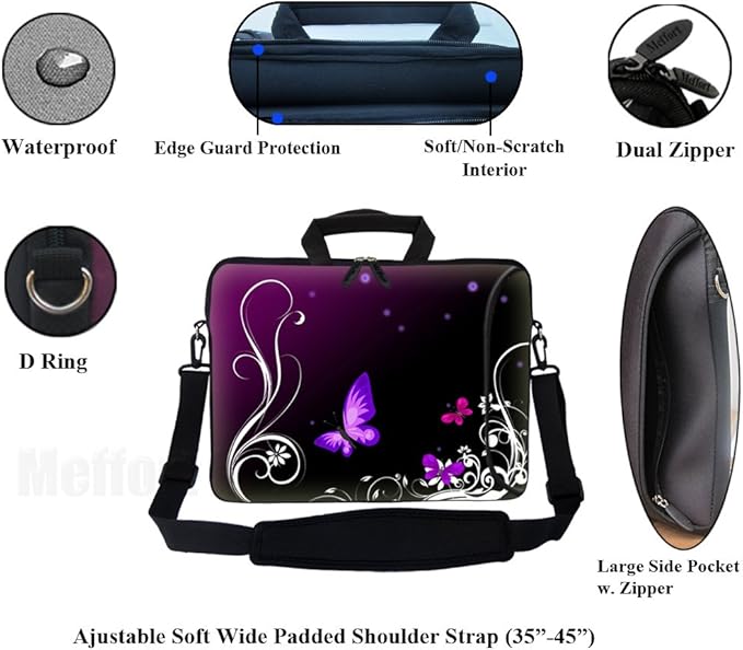 Meffort Inc 17 Inch Neoprene Laptop Bag with Extra Side Pocket, Soft Carrying Handle & Removable Shoulder Strap Fit 16" to 17.3" Size - Purple Butterfly Swirl