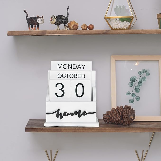 Notakia Perpetual Calendar Wooden Calendar Blocks Vintage Wood Block Calendar for Home Office Desk Accessories Week Month Date Display (White Home Calendar)