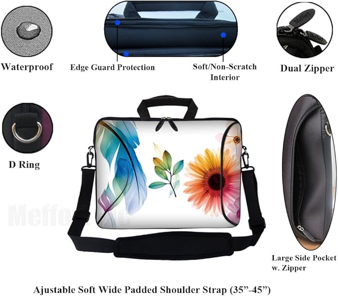 Meffort Inc 17 Inch Neoprene Laptop Bag with Extra Side Pocket, Soft Carrying Handle & Removable Shoulder Strap Fit 16" to 17.3" Size - White Flower Leaves