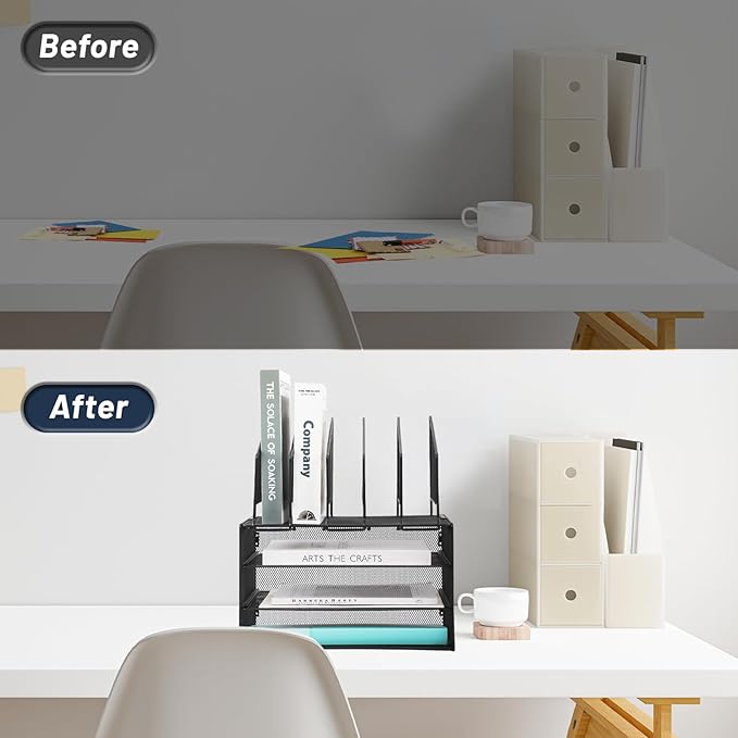 EASEPRES Desk Organizer Tray, 3 Tier Paper organizer with 5 Upright Section Desktop File Folder Sorter Holder for Mail Paper Document Letter Organization Storage