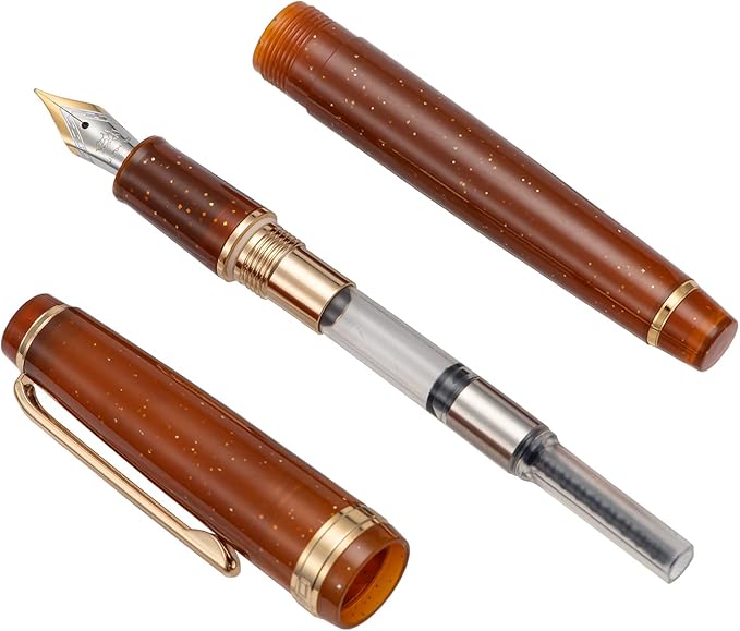 Jinhao 82 Acrylic Fountain Pen, Iridium Extra Fine Nib with Ink Converter, Transparent Coffee Fluorescent Classic Design Smooth Writing Pen (Gold Trim)